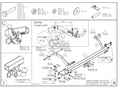 Фаркоп оцинкованный Galia шар A для Peugeot Boxer/Citroen Jumper/Fiat Ducato 2006-2021 C042A